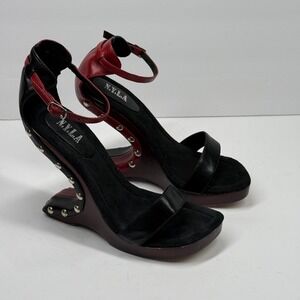 N.Y.L.A Spinal Wedge Sandals Black Red Ankle Strap Studded Platform Size 6